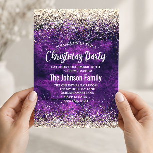Invitation Joli Noël faux paillettes or violet foncé 