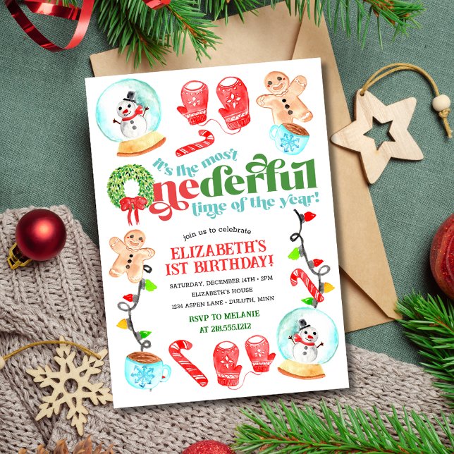 Invitation Joli Noël Merveilleux Premier Anniversaire (Cute Christmas Most ONEDERFUL First Birthday Invitation)