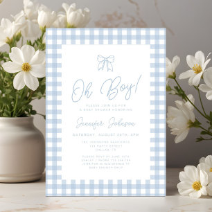 Invitation Joli nœud à carreaux bleus Oh Boy Baby Shower