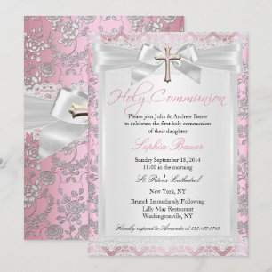 Invitation Joli Nœud Croix Première Communion Rose