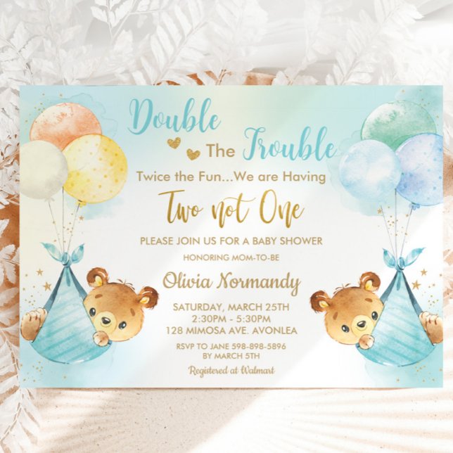 Invitation Joli Nounours Twin Boys Twin Blue Baby shower (Créateur téléchargé)