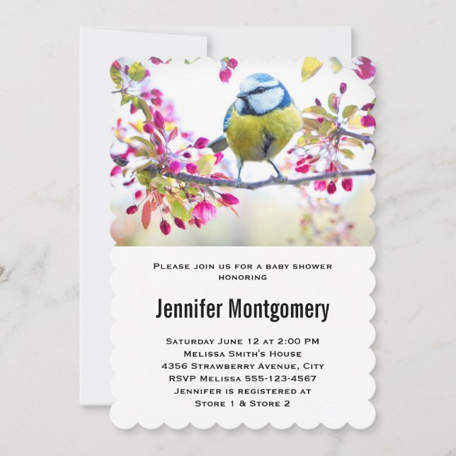 Invitation Joli oiseau bleu et jaune sur un Baby shower de br (Devant)