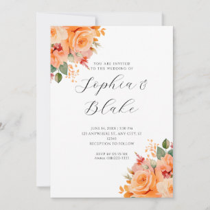 Invitation Joli Orange Floral Élégant Mariage blanc