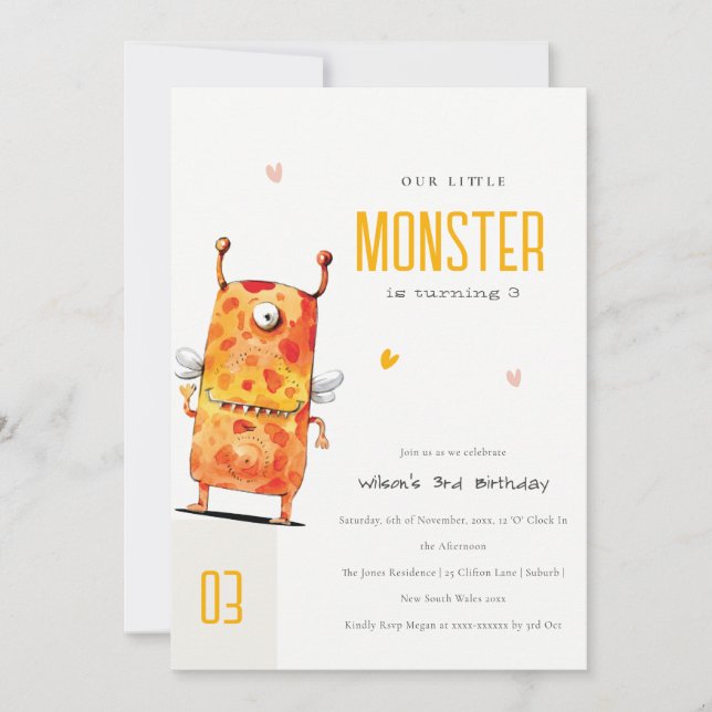 Invitation Joli Orange Yellow One Eyed Monster Anniversaire d (Devant)