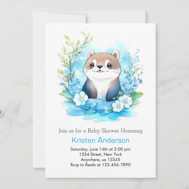 Invitation Joli Otter Enchanted Whimsical Boy Baby shower (Devant)
