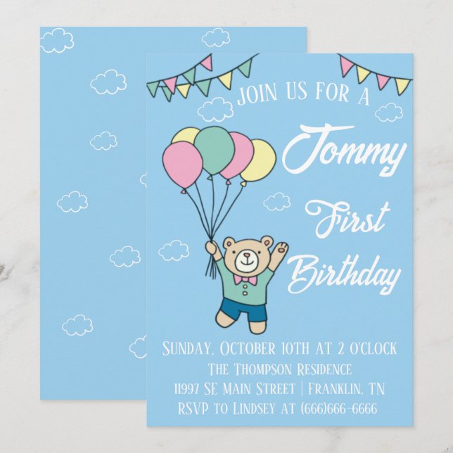 Invitation Joli Ours Brown Hot Air Balloon Boy Anniversaire (Devant / Derrière)