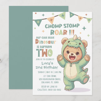 Invitation Joli Ours en Costume de Dinosaure | Fête d'anniver