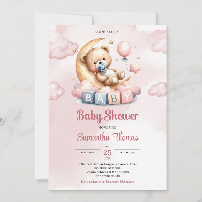 Invitation Joli ours en peluche aquarelle sur la lune (Devant)