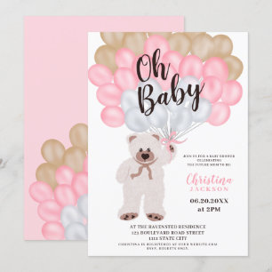 Invitation Joli ours en peluche ballons roses fille baby show