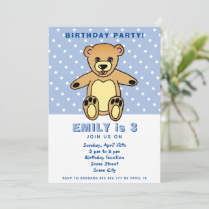 Invitation Joli ours en peluche bleu à pois pour l'anniversai