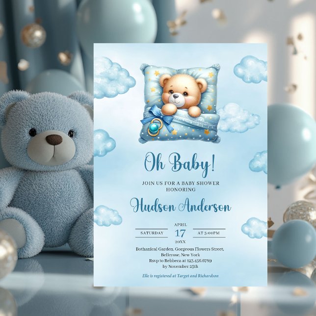 Invitation Joli ours en peluche dormant bleu brun ivoire Garç (cute sleeping teddy bear - boy baby shower invitation heart shaped font)
