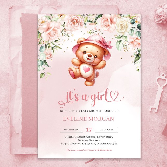 Invitation Joli ours en peluche fille joueuse en baby shower  (Cute playful teddy bear girl baby shower invitation with heart shaped font)