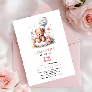 Invitation Joli ours en peluche fleurs en ballon fille annive