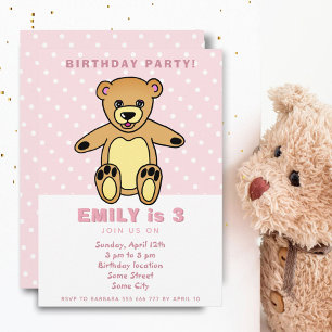 Invitation Joli ours en peluche rose à pois pour l'anniversai