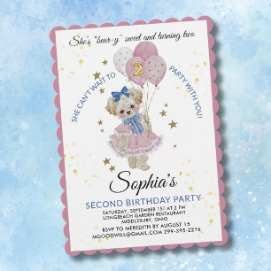Invitation Joli ours en peluche rose pour les 2 ans d'une fil
