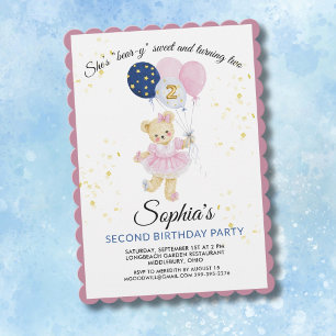 Invitation Joli ours en peluche rose pour les 2 ans d'une fil