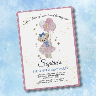 Invitation Joli Ours en Peluche Rose pour une Fille de 1 an