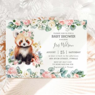 Invitation Joli Panda Rouge Rose Baby shower Floral Vert