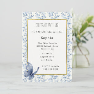 Invitation Joli Papillon Fleurs Blanches Bleues Anniversaire