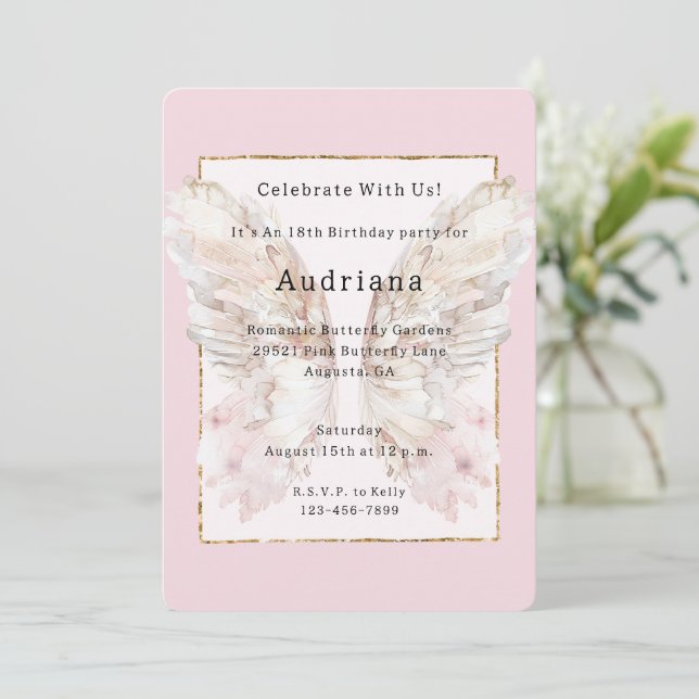 Invitation Joli Papillon rose Or cadre brillant Anniversaire (Debout devant)