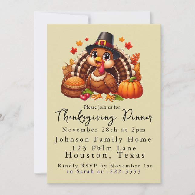 Invitation Joli Pèlerin Turquie Thanksgiving Dîner (Devant)