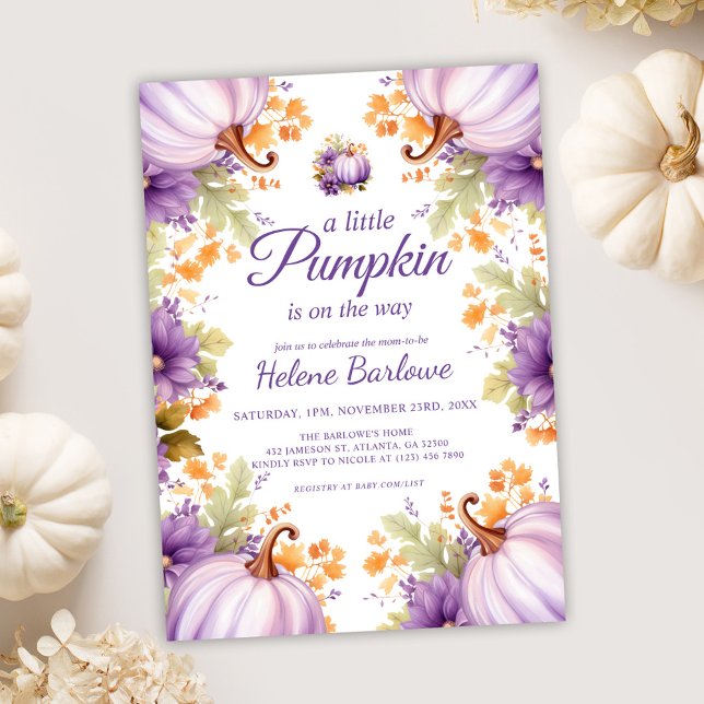 Invitation Joli petit Baby shower Citrouille pourpre (Cute Purple Little Pumpkin Baby Shower Invitation)
