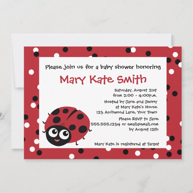 Invitation Joli petit BABY SHOWER rouge Ladybug (Devant)