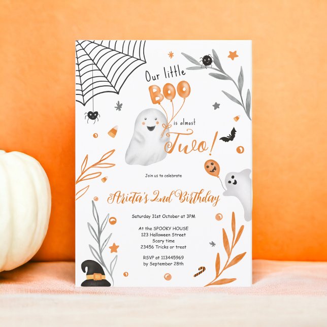 Invitation Joli petit Boo Halloween orange 2e anniversaire (Cute little Boo Halloween orange 2nd birthday Invitation)