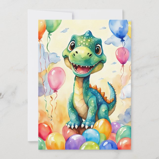 Invitation Joli petit dinosaure avec beaucoup de ballons colo (Devant)