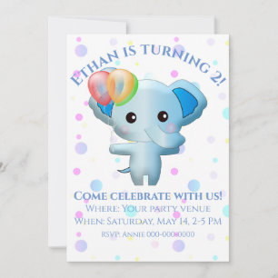 Invitation Joli Petit Garçon Bleu Éléphant Anniversaire