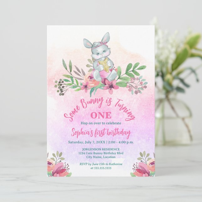 Invitation Joli Petit Lapin Floral Fête Anniversaire (Debout devant)