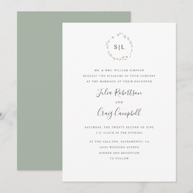 Invitation Joli petit mariage de monogramme officiel feuille (Devant / Derrière)