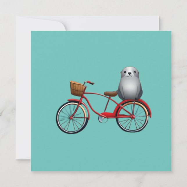 Invitation Joli petit phoque de dessin animé sur un vélo (Devant)