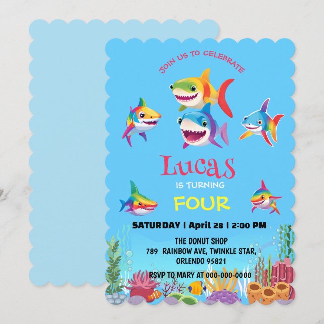 Invitation Joli poisson requin arc-en-ciel fête d'anniversair (Devant / Derrière)