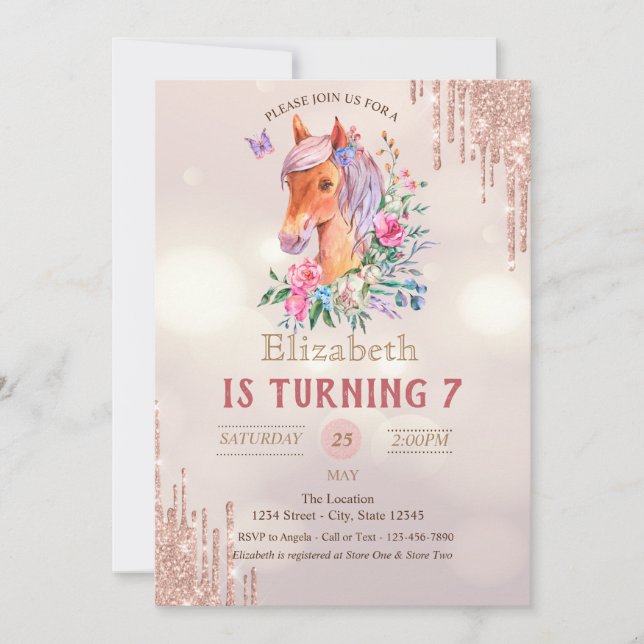 Invitation Joli Pony Parties scintillant Drives Bokeh Anniver (Devant)