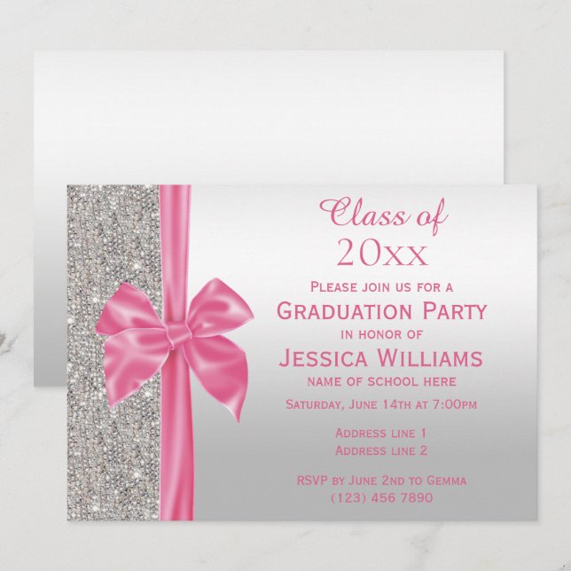 Invitation Joli Pretty Rose Soie Bow & Silver Sequins Graduat (Devant / Derrière)