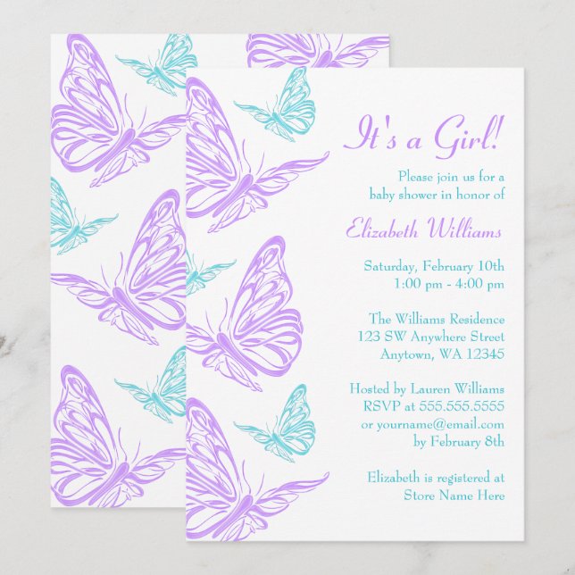 Invitation Joli Purple Turquoise Papillon Fille Baby shower (Devant / Derrière)