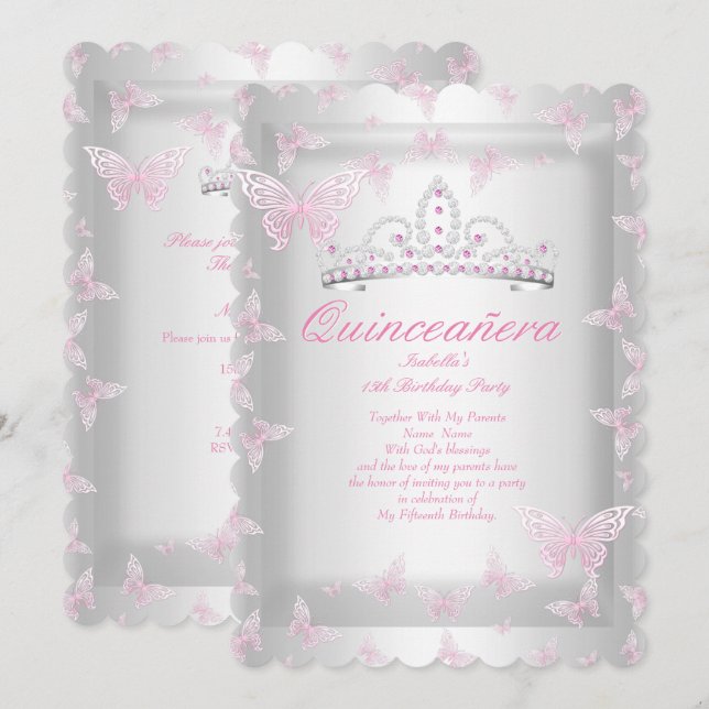 Invitation Joli Quinceanera rose Parti Tiara Butterfly (Devant / Derrière)