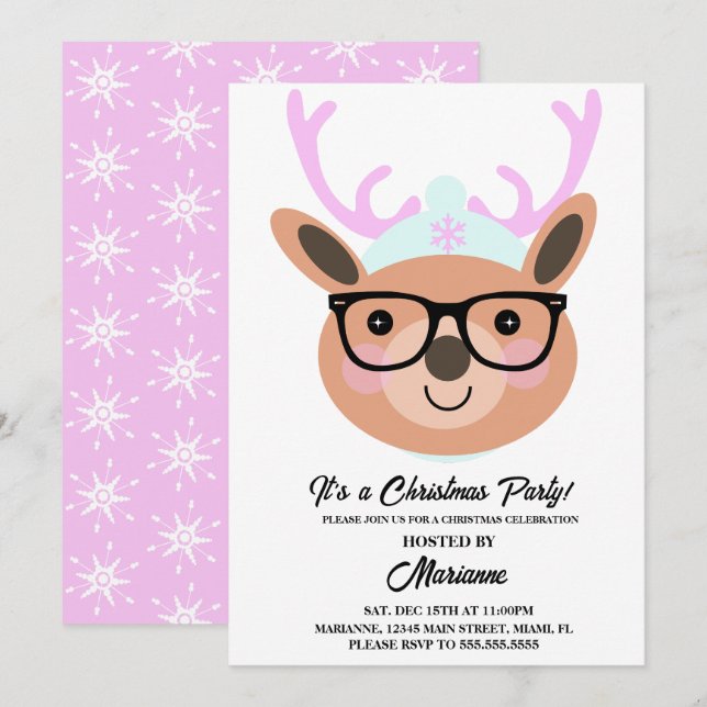 Invitation Joli Reindeer Noël Casquette Écharpe lunettes (Devant / Derrière)