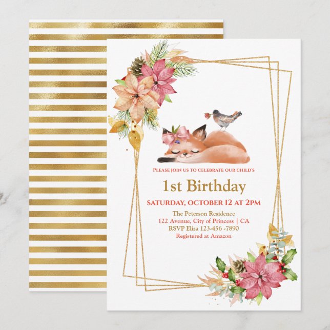 Invitation Joli renard couché Gold Parties scintillant fille  (Devant / Derrière)