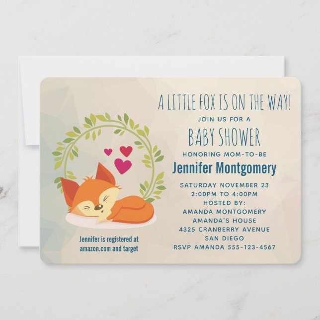 Invitation Joli renard orange avec Baby shower vert de couron (Devant)