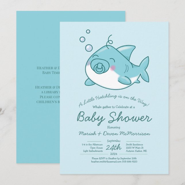 Invitation Joli requin Baby shower Kawaii Blue Boy (Devant / Derrière)