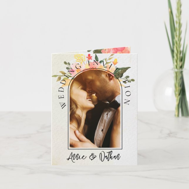 Invitation Joli romantique arc floral Script 2 Mariage photo (Devant)