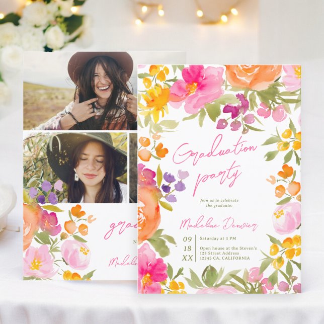Invitation Joli romantique rose floral 3 photos graduation (Pretty romantic pink floral 3 photos graduation invitation)