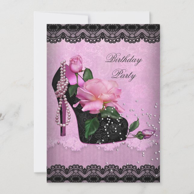 Invitation Joli rose Anniversaire Rose Hi Heel Black Lace (Devant)