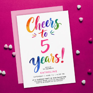 Invitation Joli rose coloré Cheers 5ème anniversaire Typo aqu