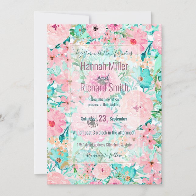 Invitation Joli rose et menthe Floral aquarelle Peinture à la (Devant)