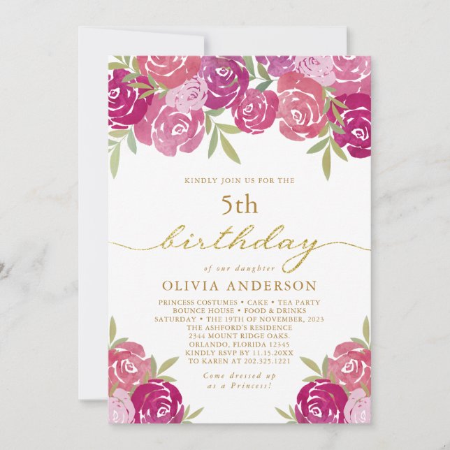 Invitation Joli rose et violet Floral Rose Feuilles Anniversa (Devant)
