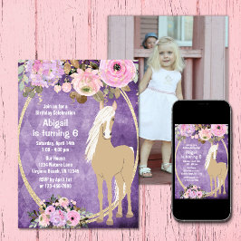 Invitation Joli rose et violet Flower Photo Horse Anniversair