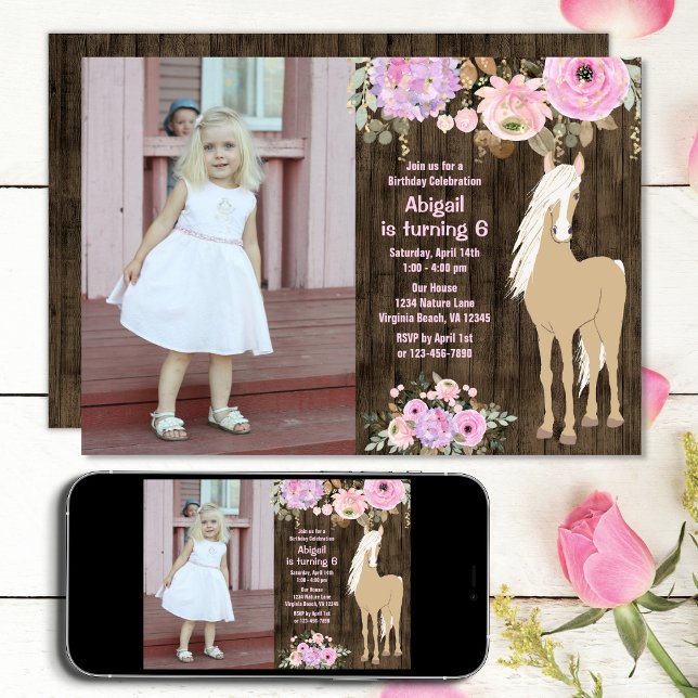 Invitation Joli rose et violet Flower Photo Horse Anniversair (Créateur téléchargé)